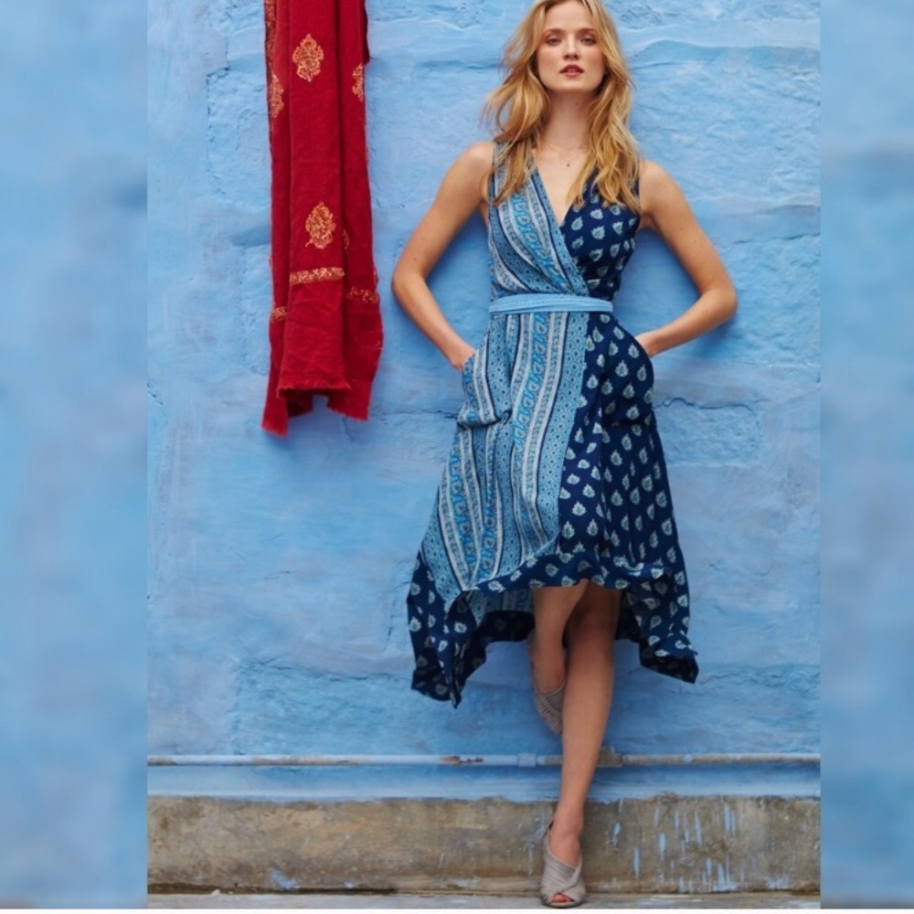 Blue Printed Wrap Midi Dress